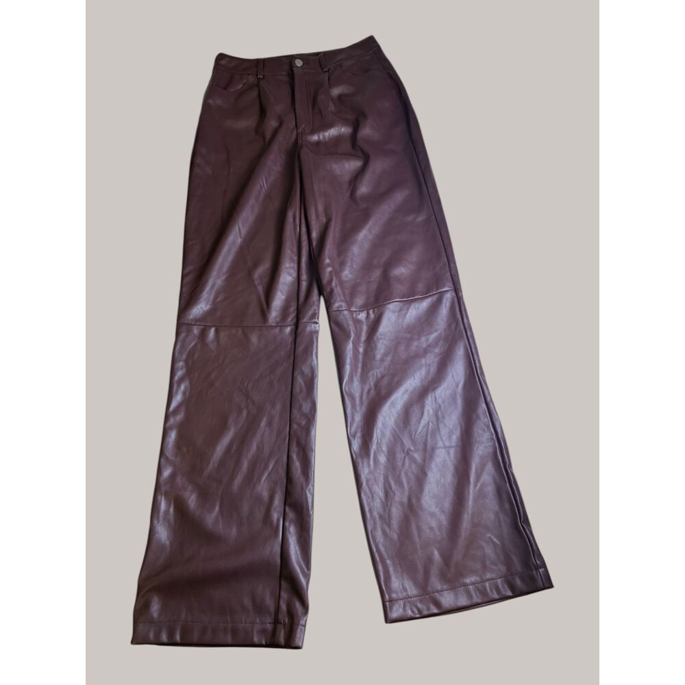 PrettyLittleThing Faux Leather Wide Leg Pants Women's US 6 Burgundy